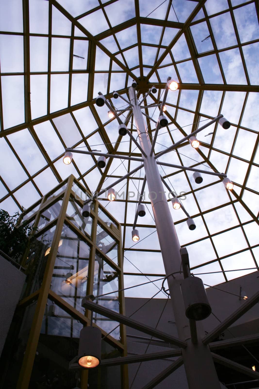 glass roof of a modern architecture with elevator