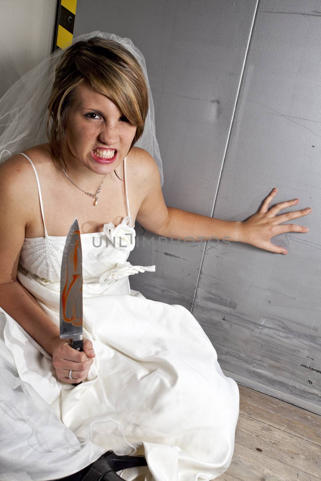 angry young bride with a bloody knife in an elevator by bernjuer