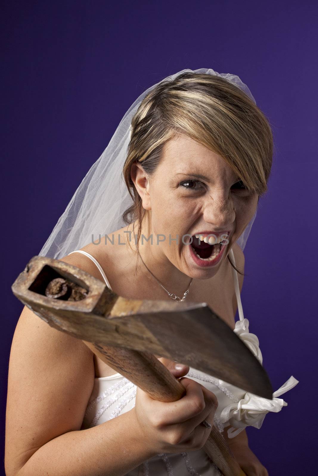 angry young bride with an axe on a dark blue background by bernjuer