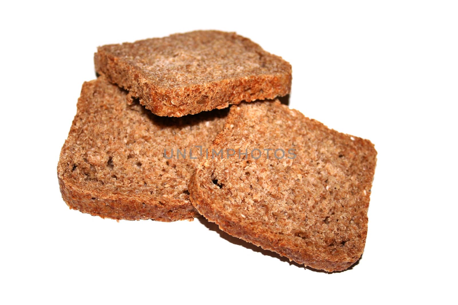 three slices of bread on white background