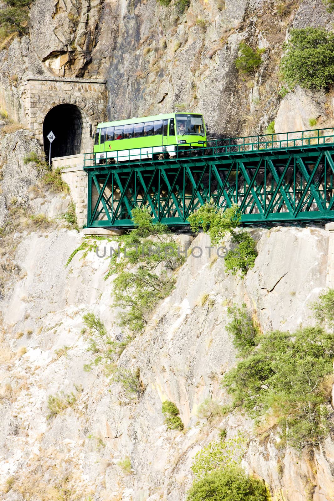 engine coach on railway viaduct near Tua, Douro Valley, Portugal