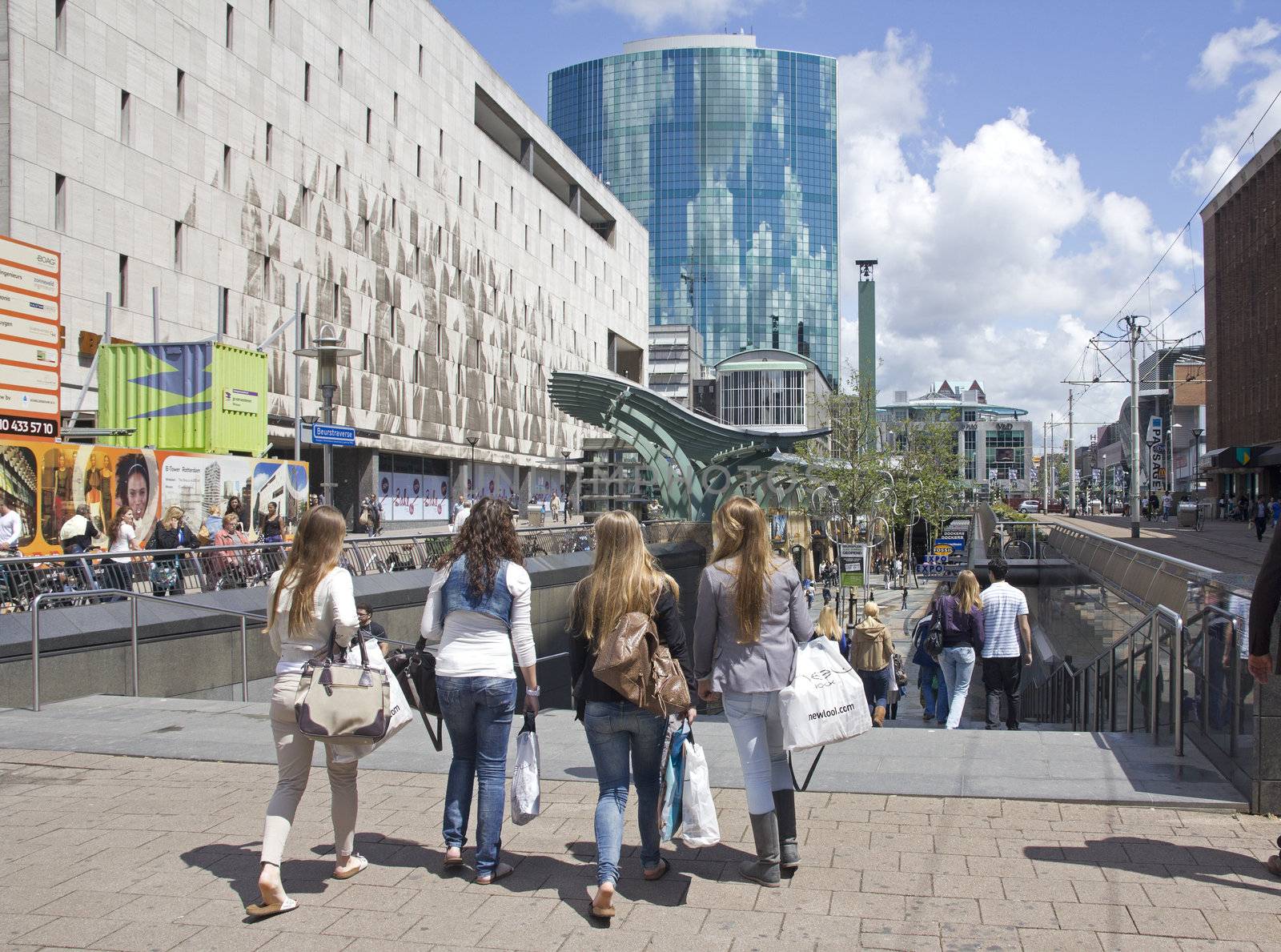 Four girlfriends go shopping in Rotterdam, Holland