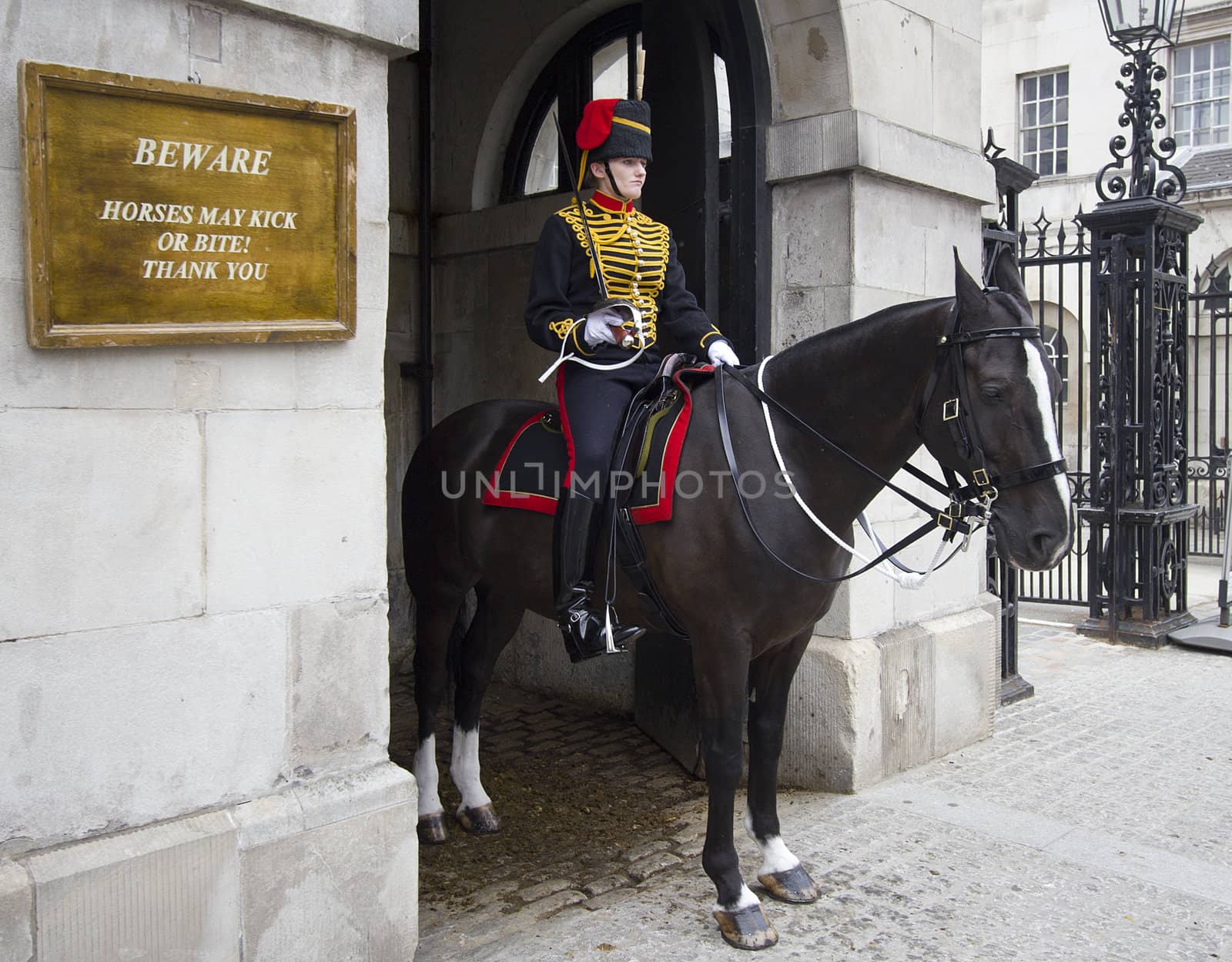London, UK - July 21, 2011: Female Horse Guard on duty at Whitehall on July 21, 2011 in London, UK.