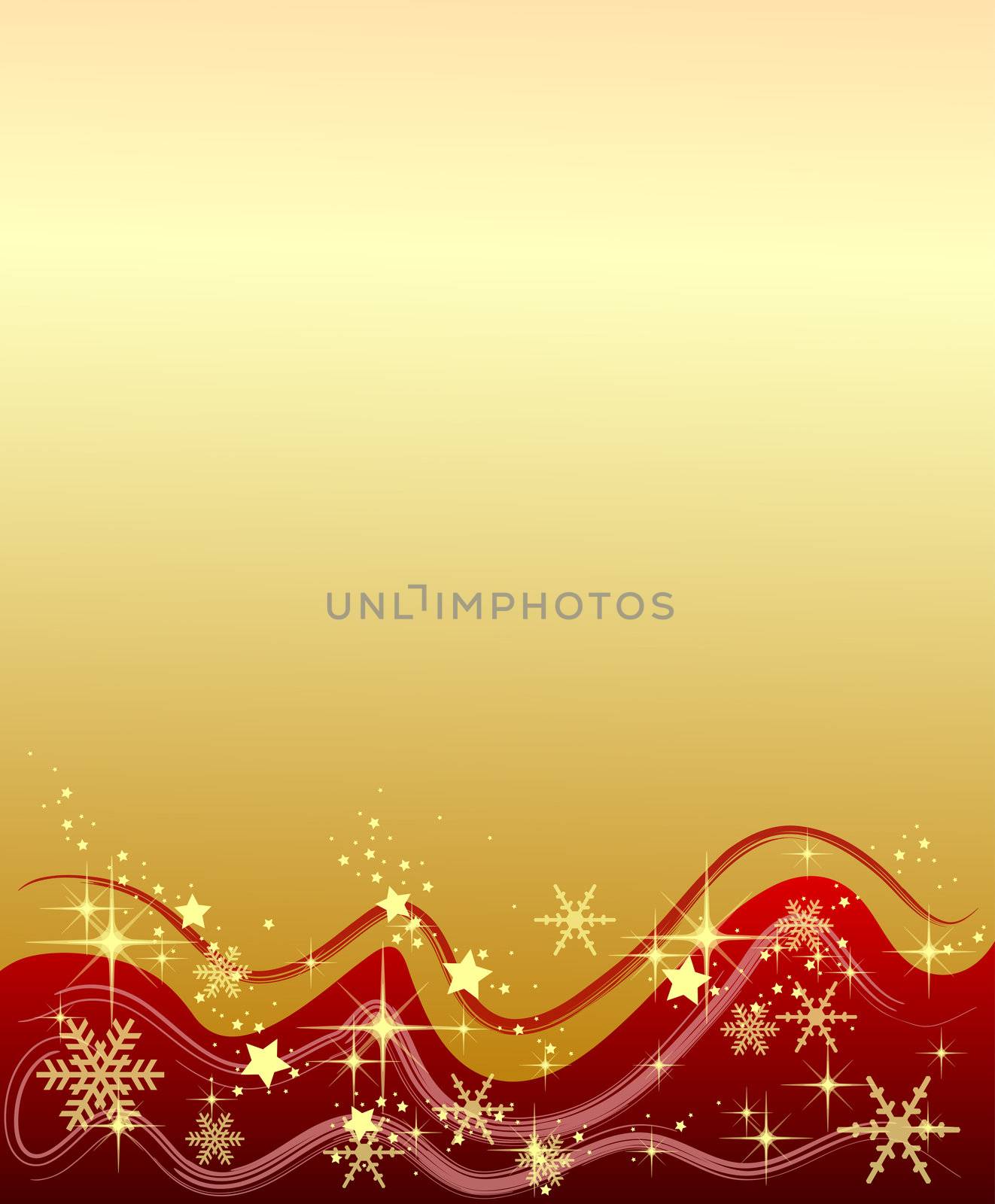 Illustration of a golden background with stars and snowflakes