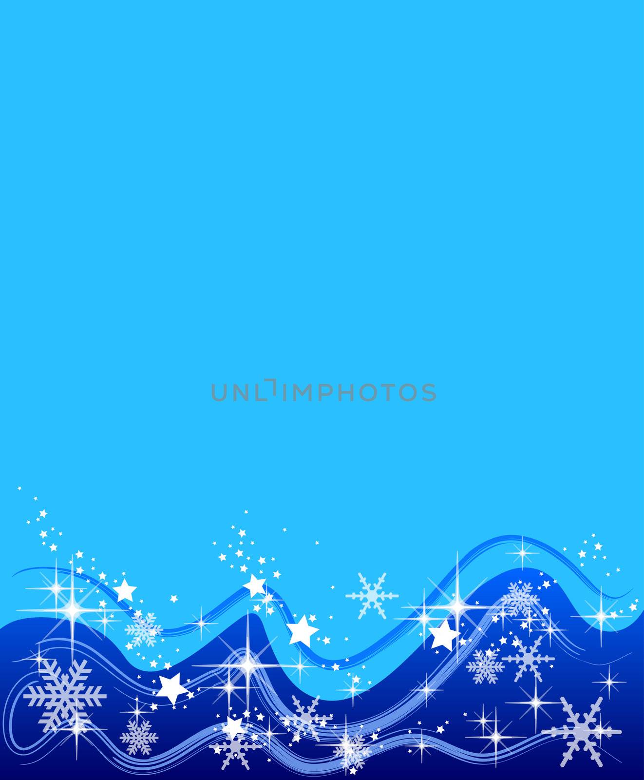 Illustration of a blue background with stars and snowflakes