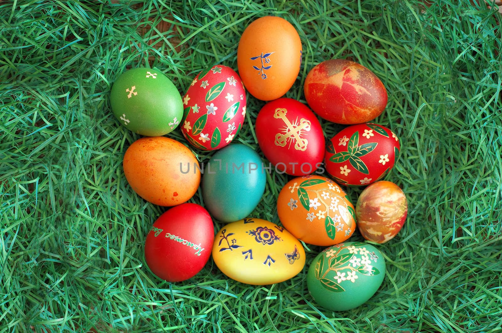 colorfull easter eggs on green grass