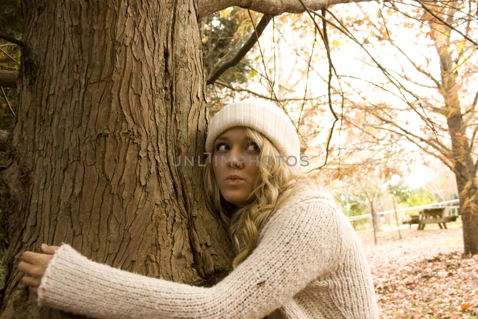 hugging a tree in the park