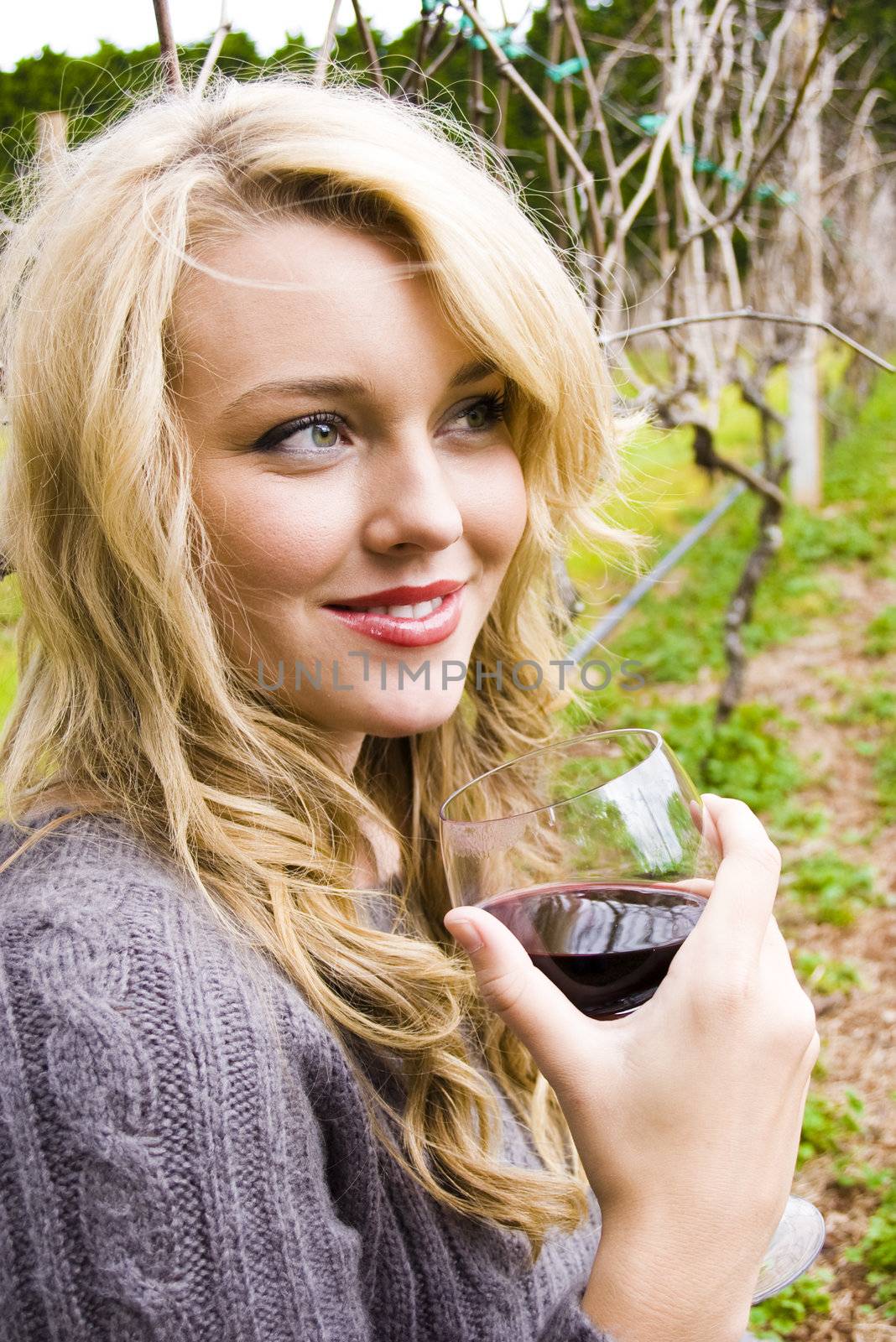 Young pretty girl in a vineyard drinking red wine