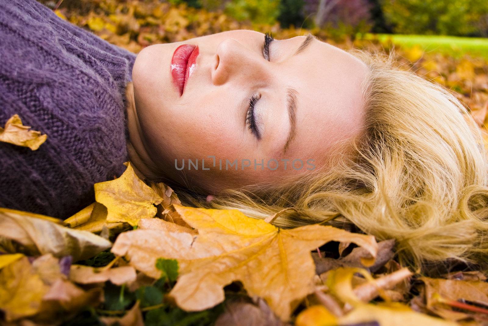 Beautiful woman in the park with the autumn leaves