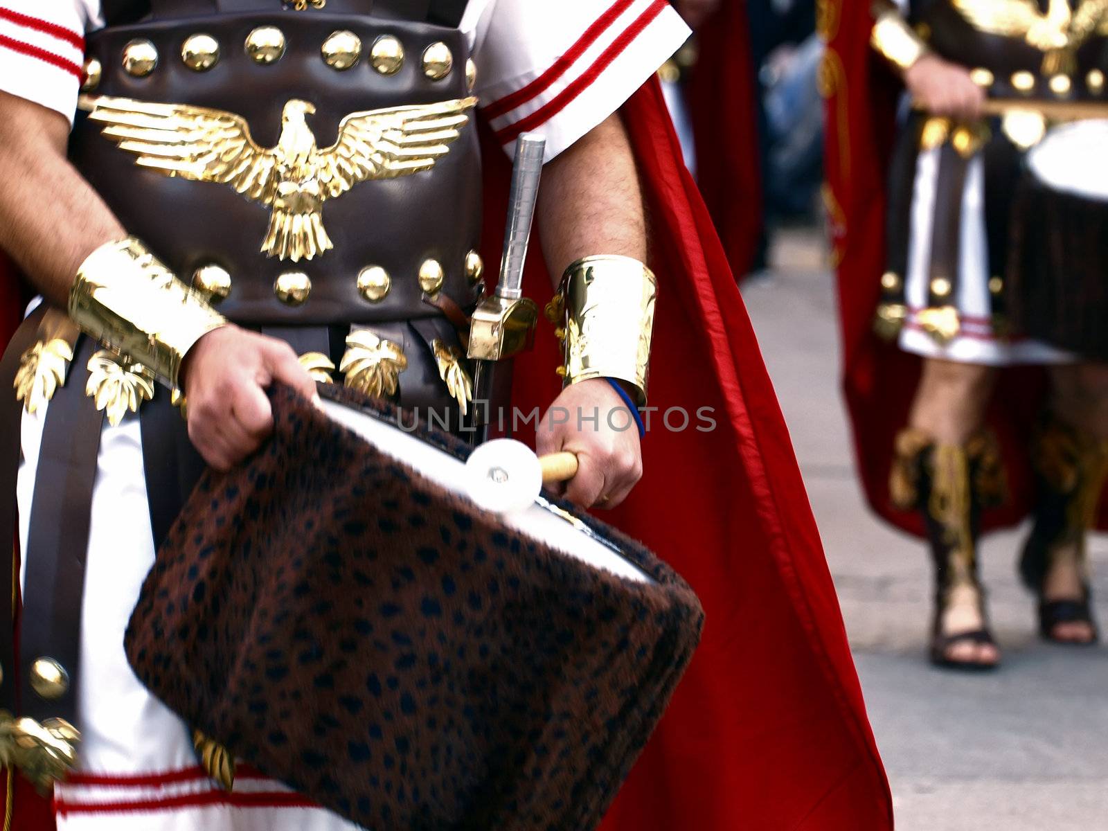 Detail of battalion drums during Roman epic reenactment
