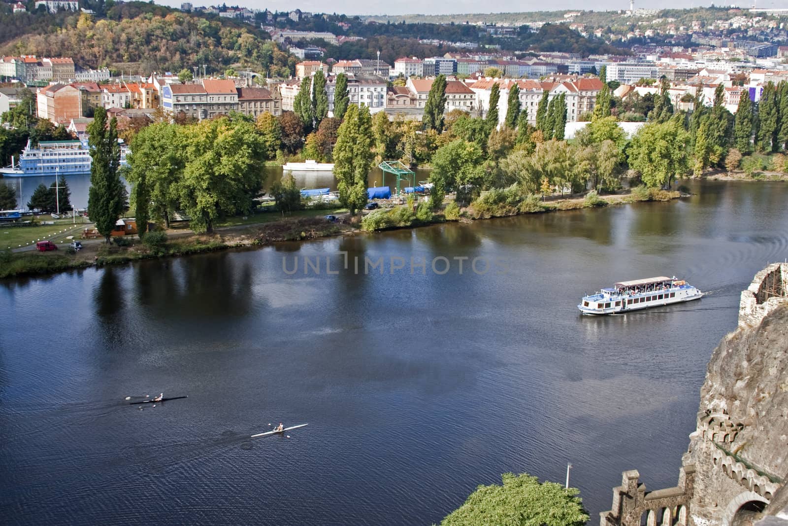  	
panorama, Prague, the Vltava river, the boat, kayaks