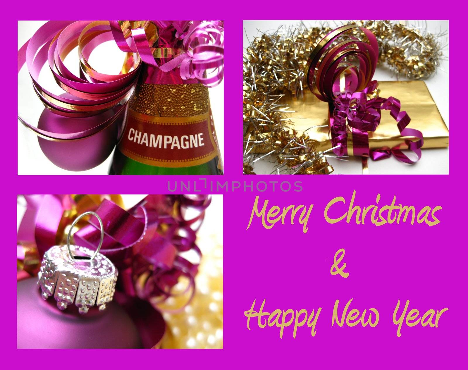 Christmas card with various images in purple