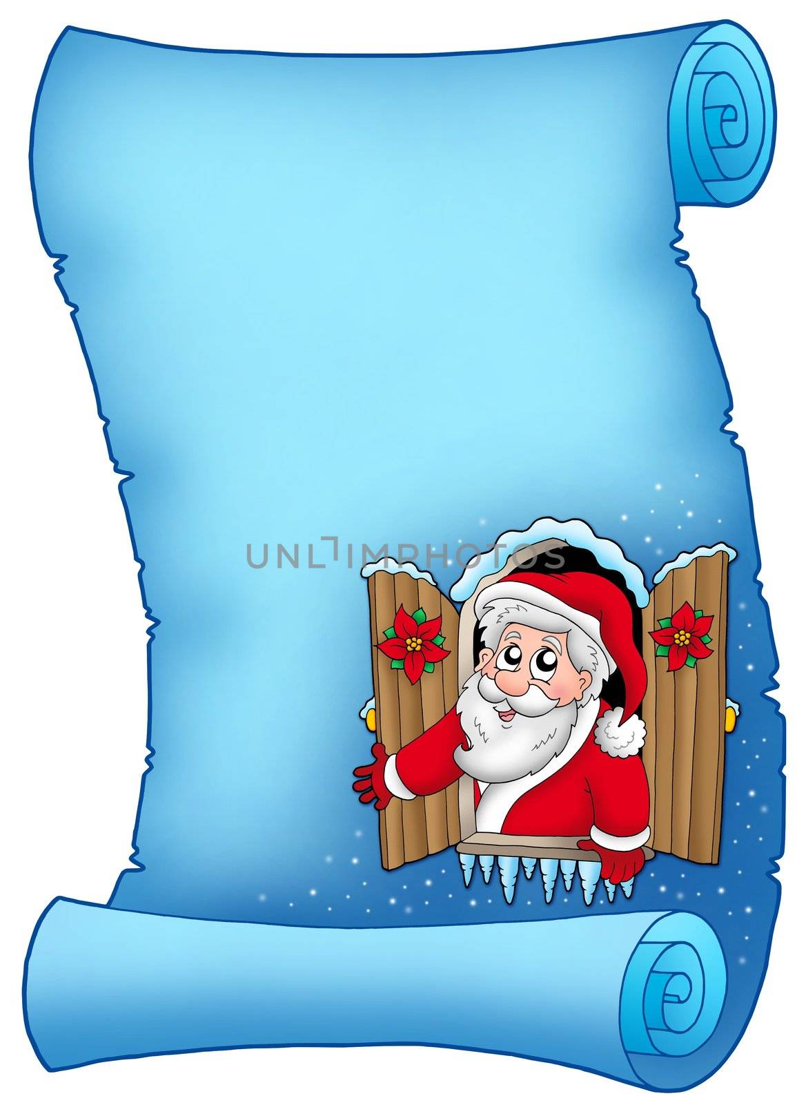 Blue parchment with Christmas window - color illustration.