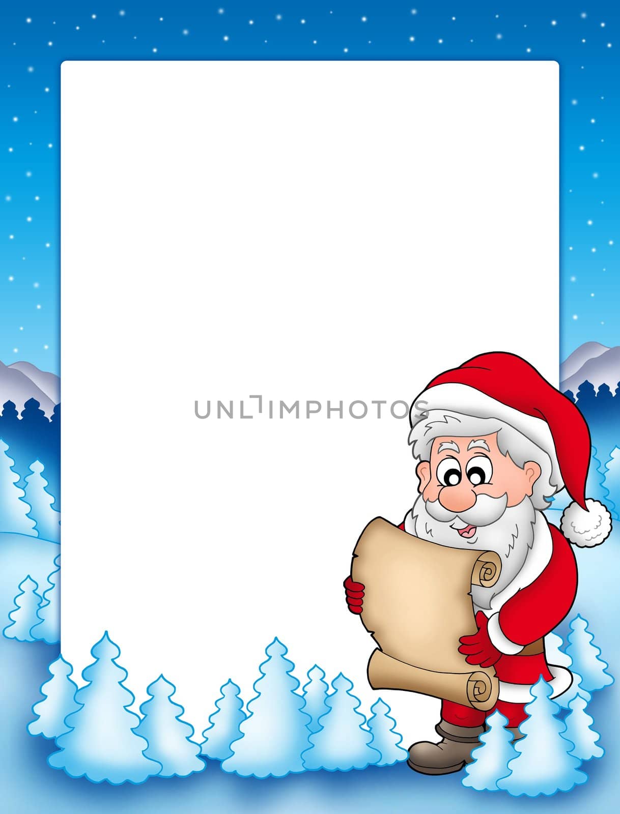 Frame with Santa and parchment - color illustration.