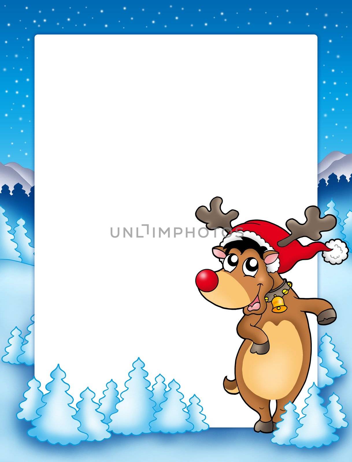 Christmas frame with cute reindeer - color illustration.