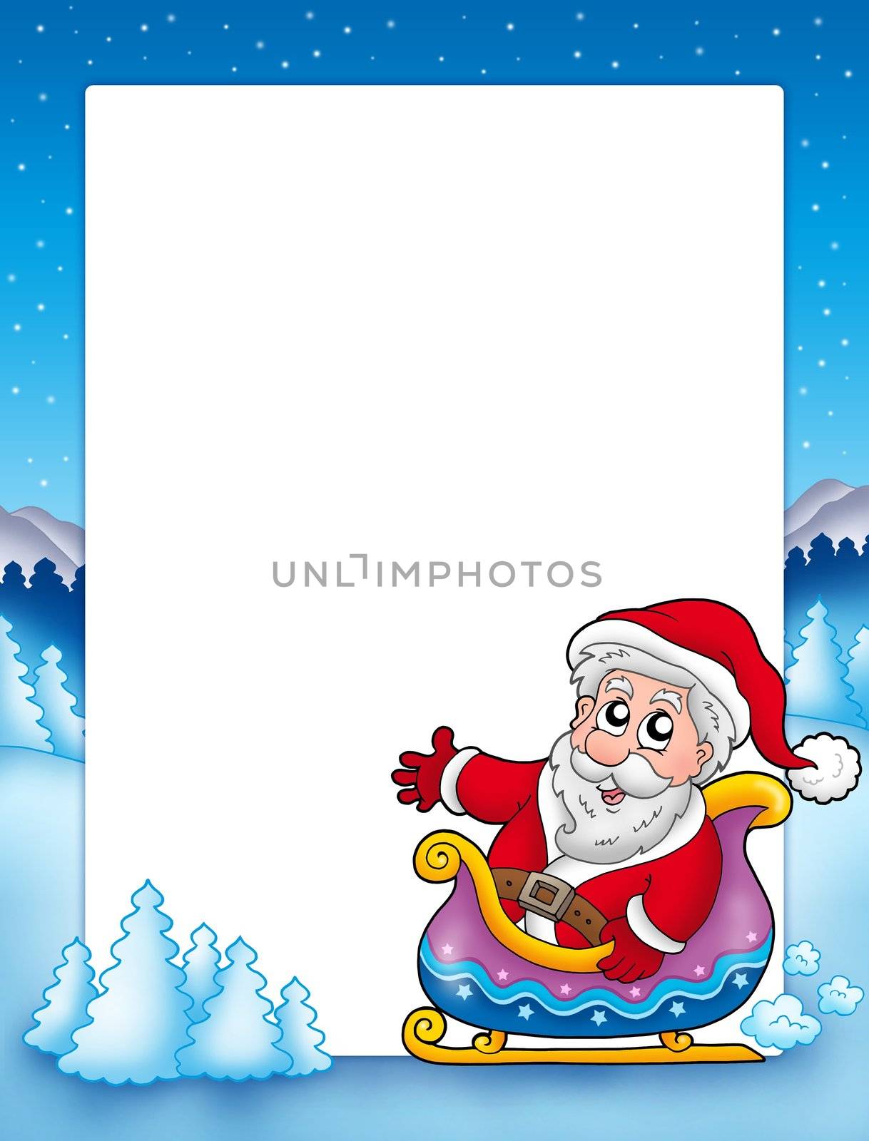 Christmas frame with Santa on sledge - color illustration.
