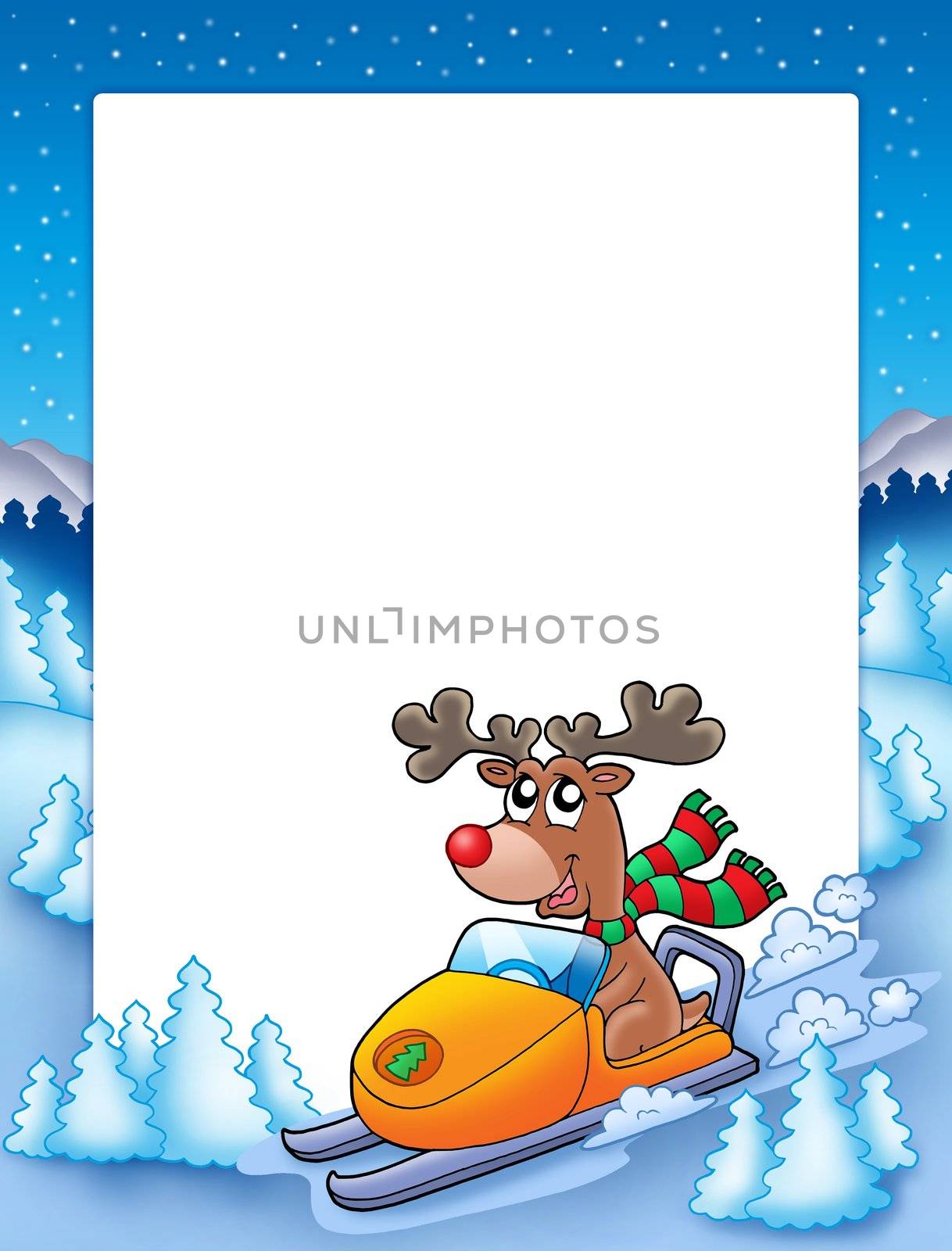 Frame with reindeer riding scooter - color illustration.