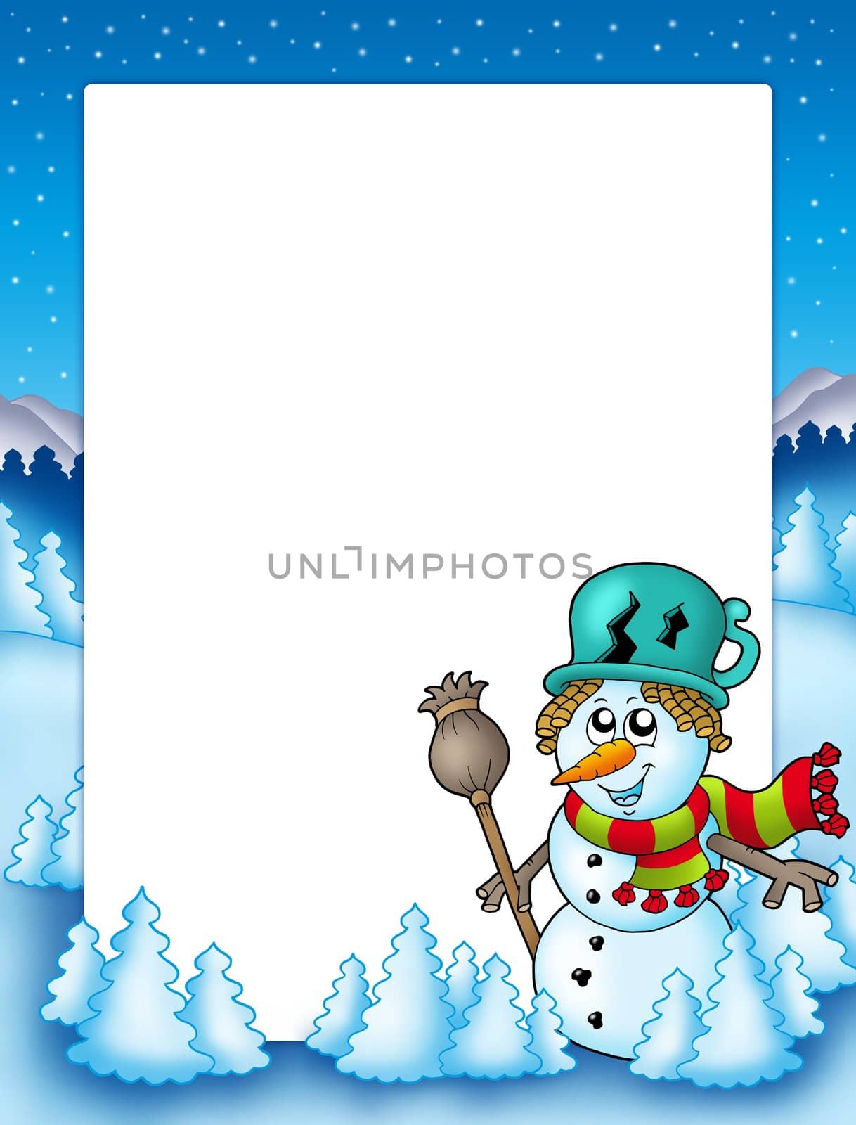 Frame with snowman and trees - color illustration.