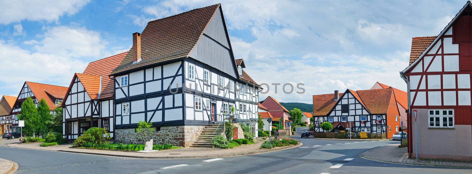 Romantic half-timbered old houses. A typical German village. Panorama