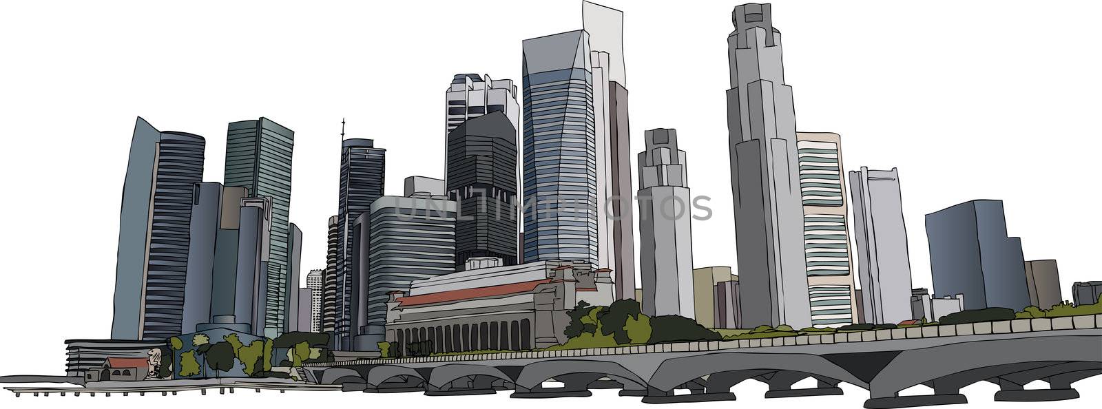 Hand drawm illustration of Singapore skyscrapers