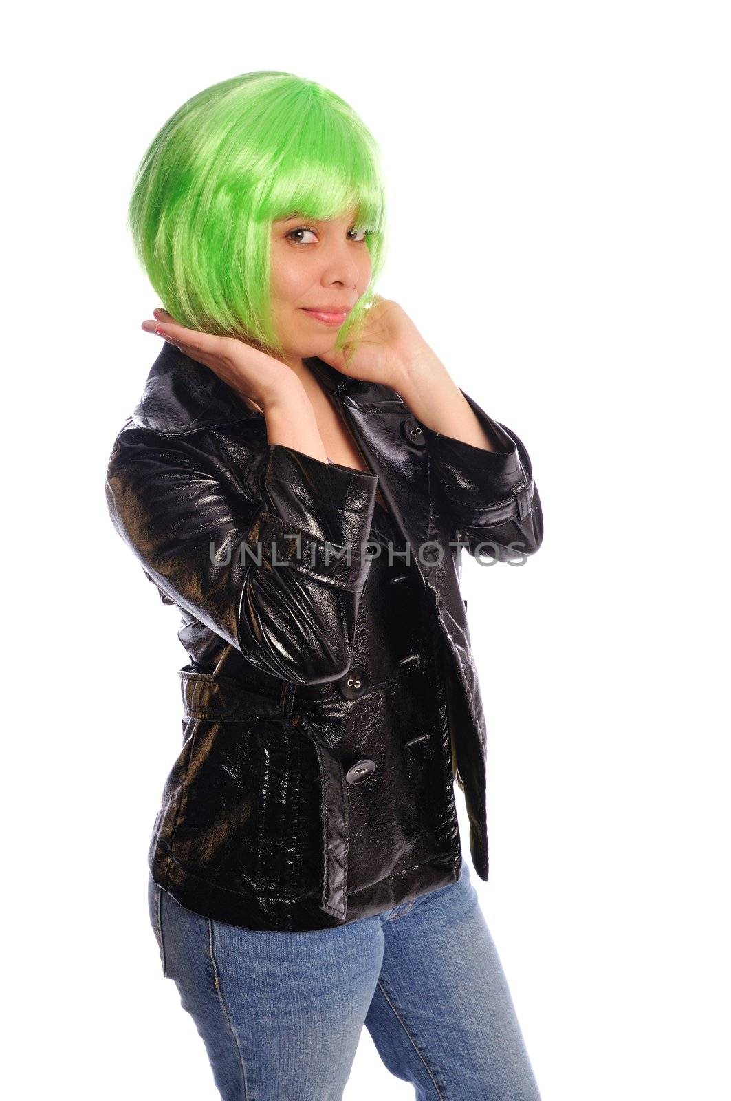attractive yound model with green hair dressed in casual fashion