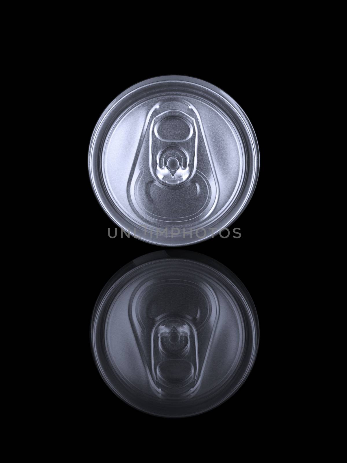 A beverage can and its reflection isolated on black.