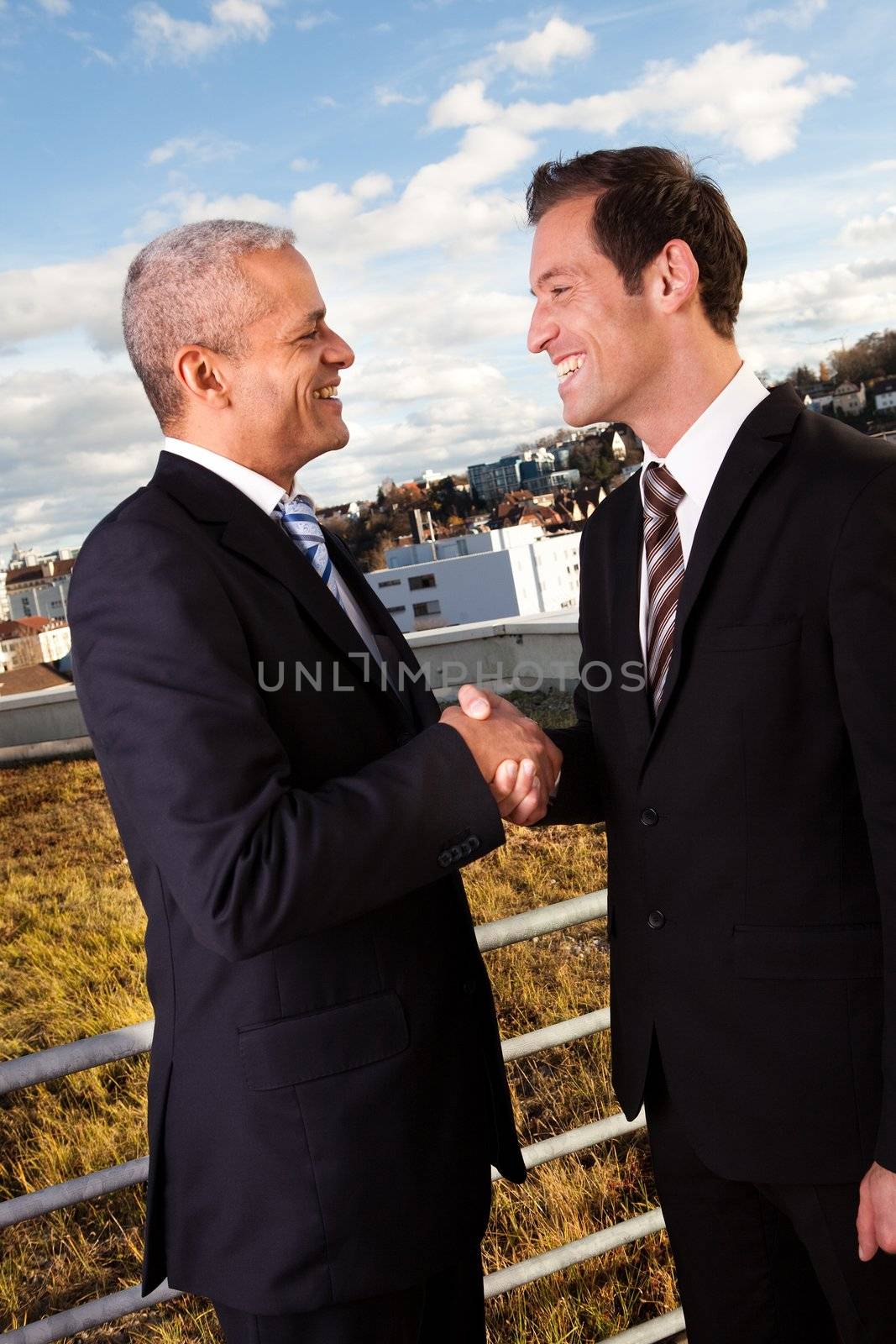 Tow businessmen handshaking over the deal outside