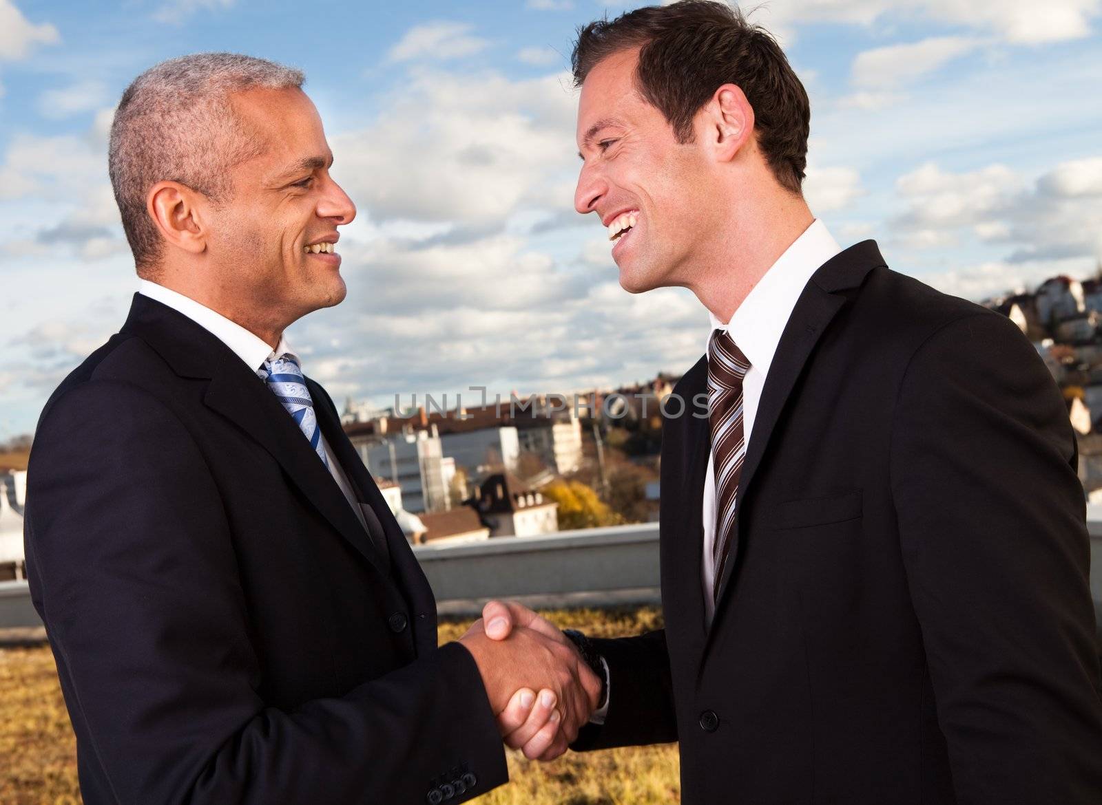 Tow businessmen handshaking over the deal outside