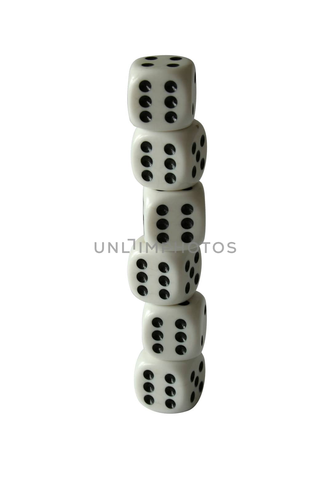 six dices isolated on white background with clipping path