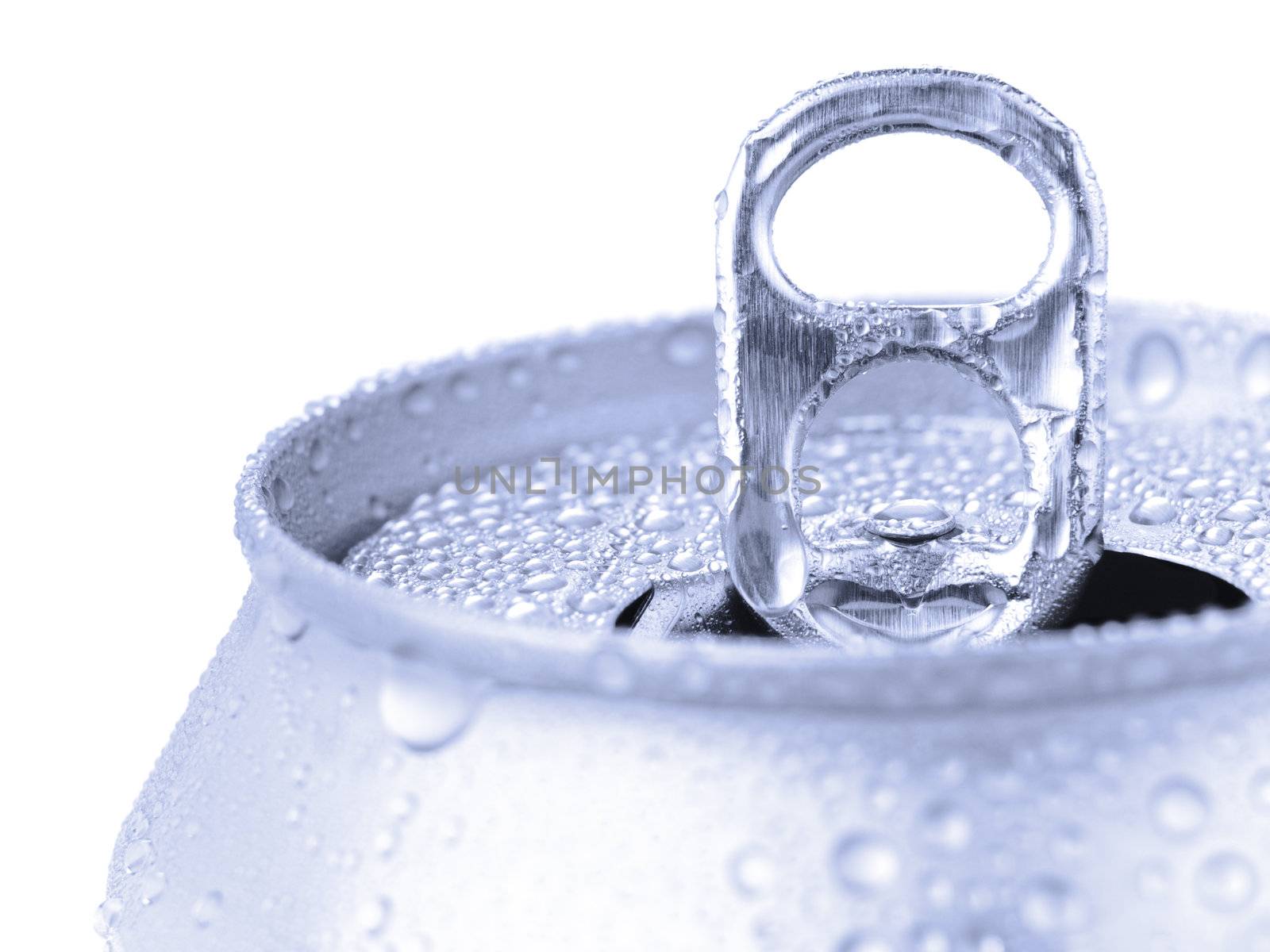 Close up view on a tin can with condensation. Isolated on white.