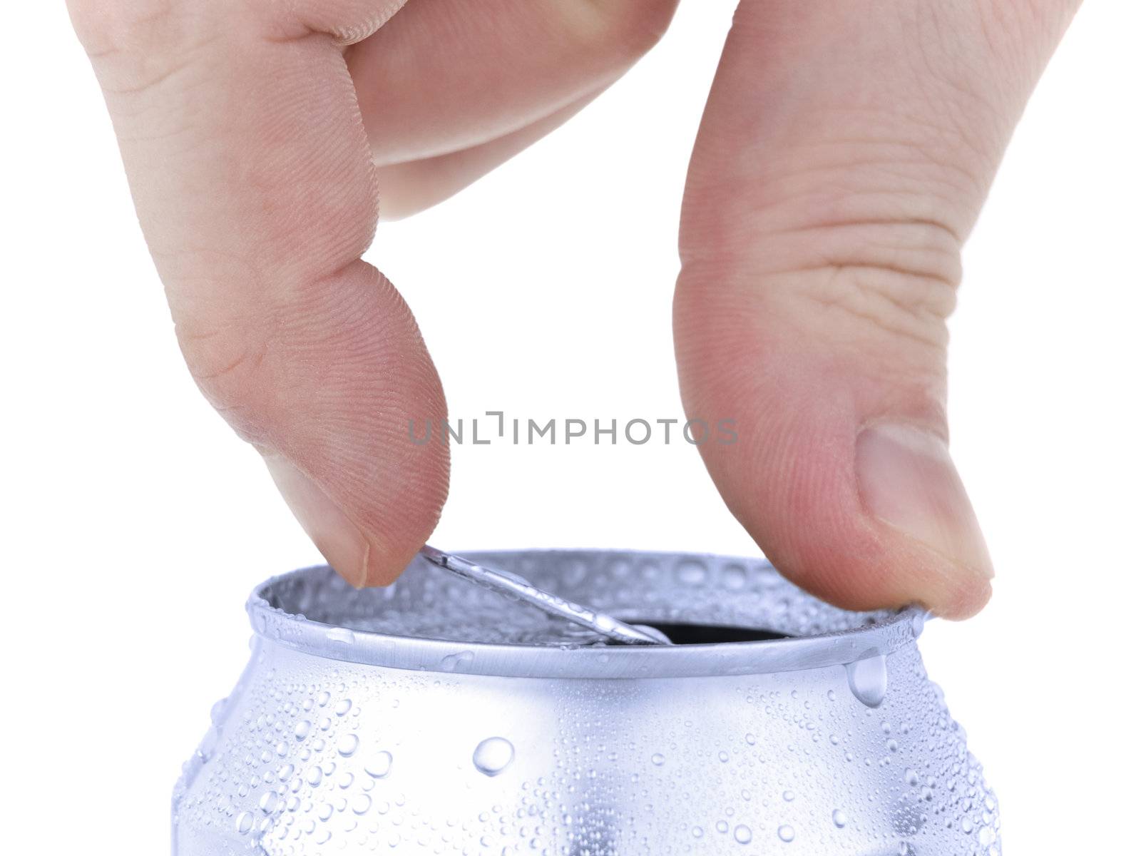 Close up of a hand opening a beverage. Isolated on white.