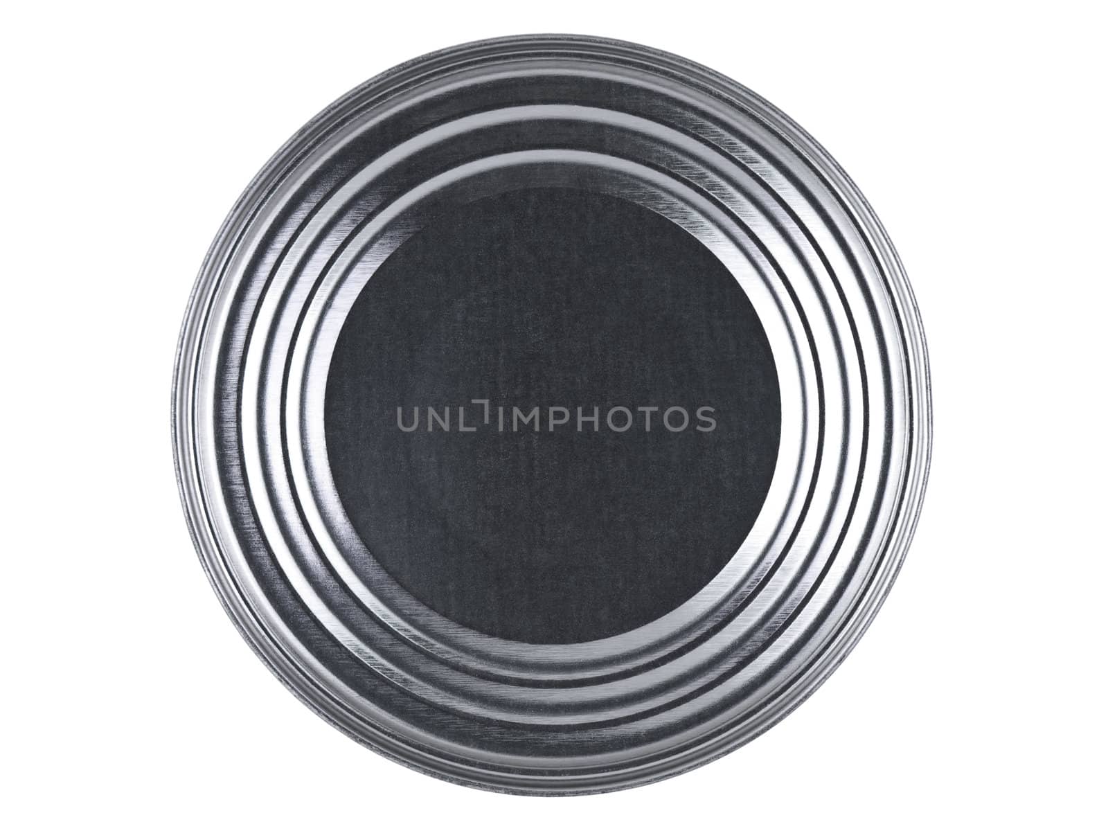 Top view of a tin can over a white background.