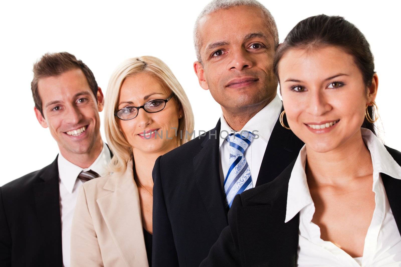 Business team in a row. Isolated on white. Focus on african-american man