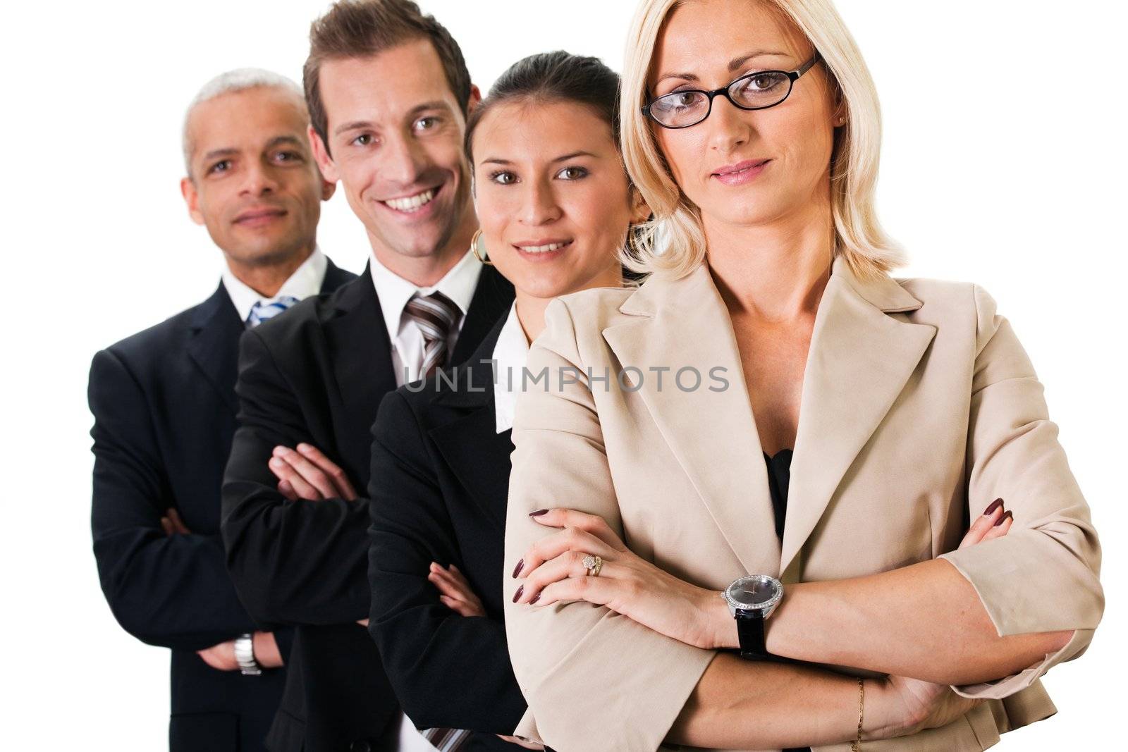 Business team in a row. Isolated on white