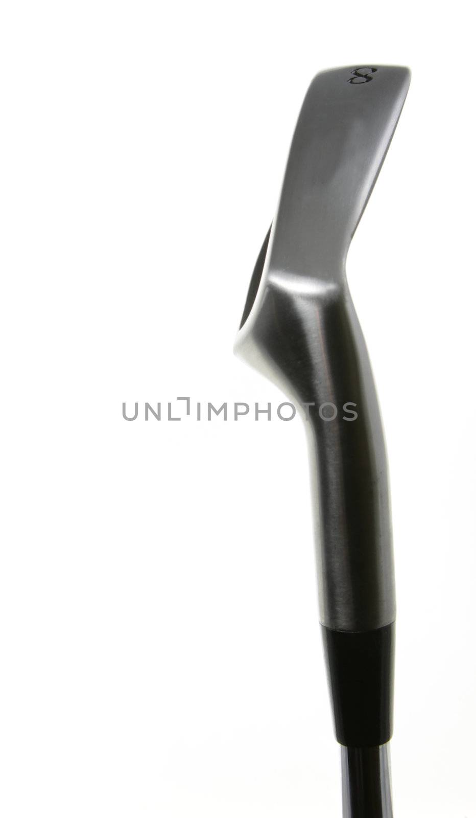 A close-up of an eight iron golf club, isolated on white.
