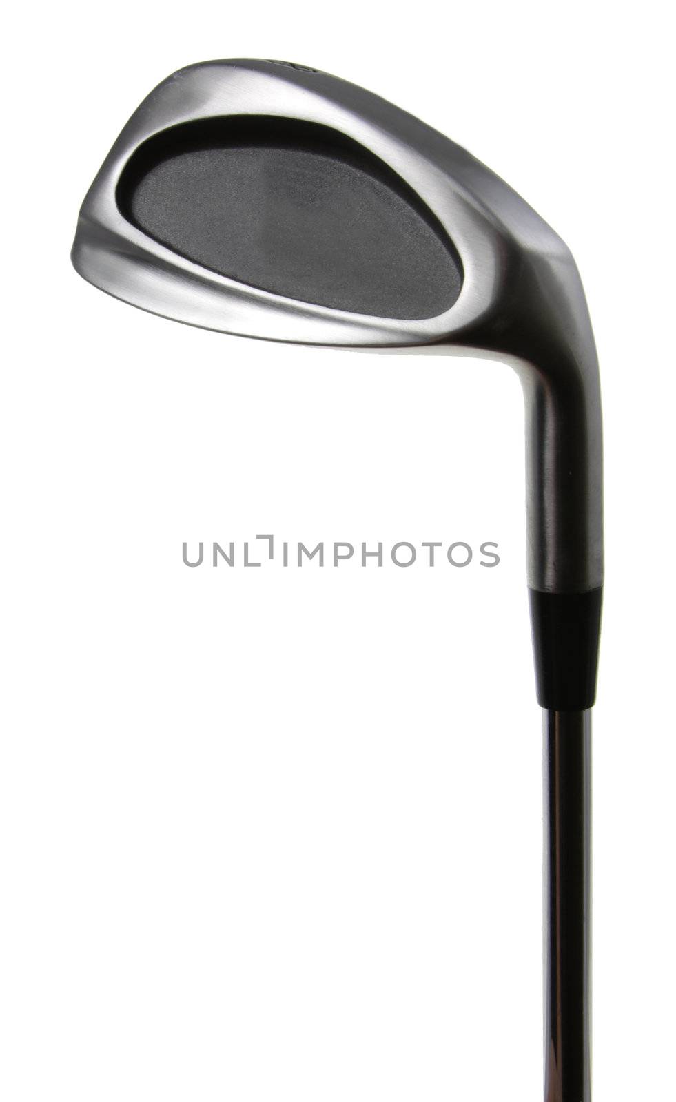 A close-up of an eight iron golf club, isolated on white.
