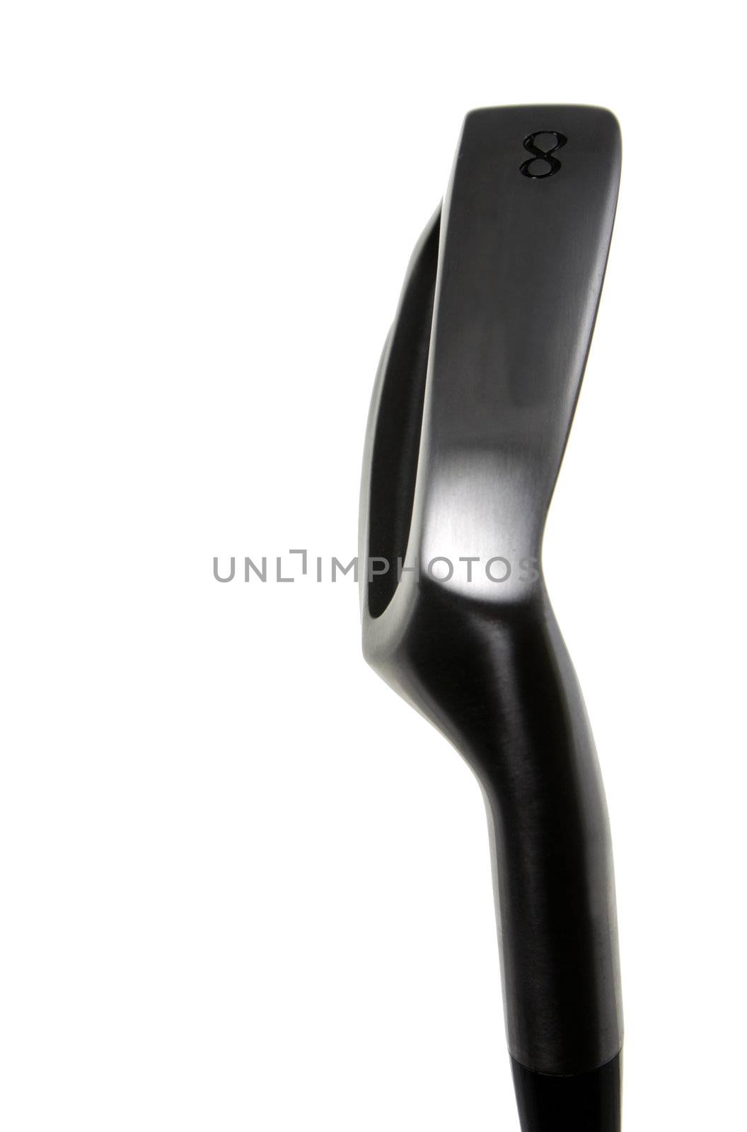 A close-up of an eight iron golf club, isolated on white.
