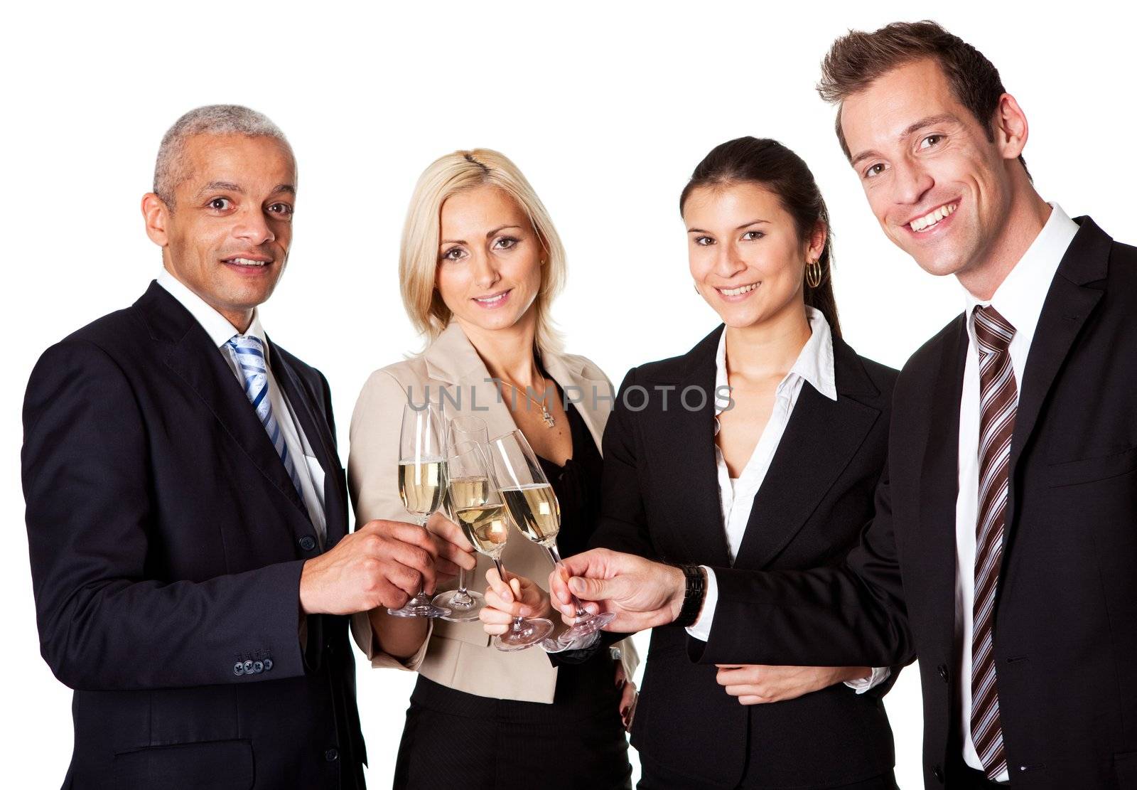 Business team celebrating success. Isolated on white