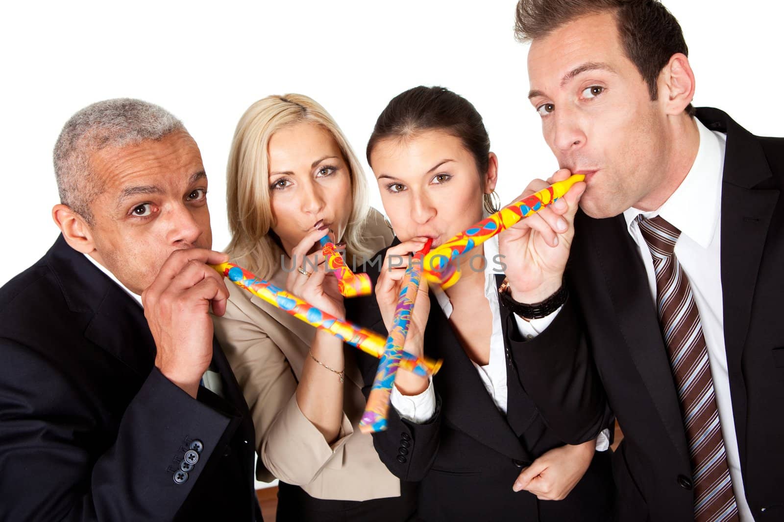 Business team celebrating birthday. Isolated on white