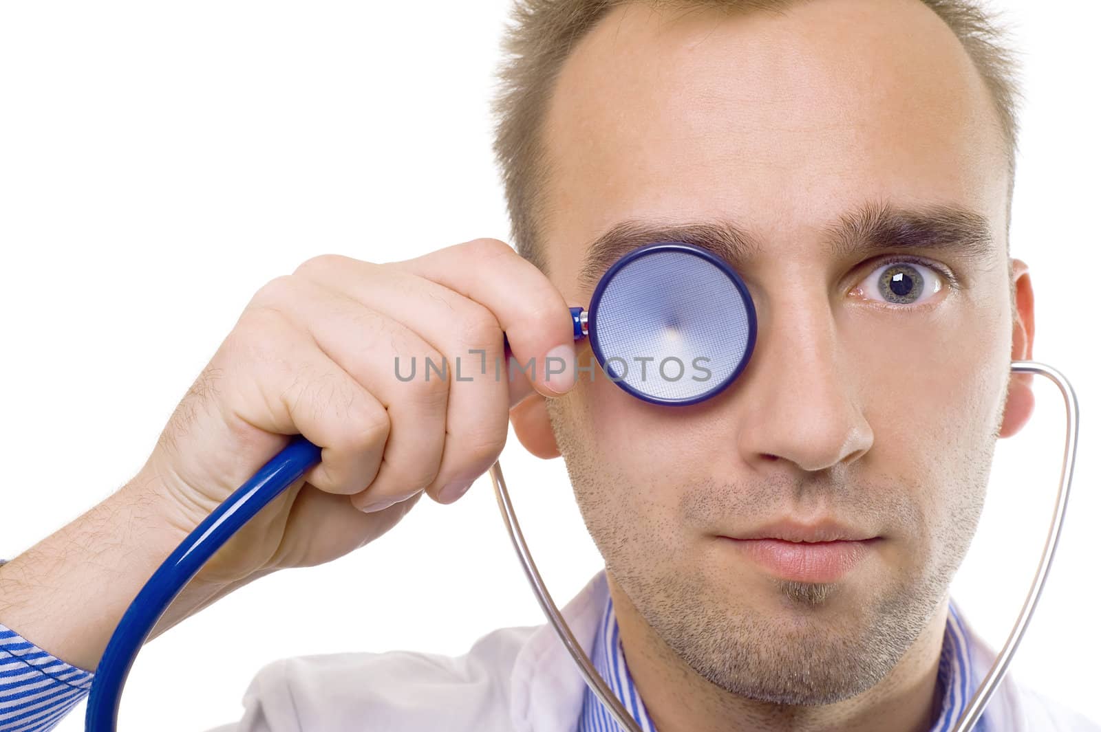 cute funny doctor with stethoscope, on white background