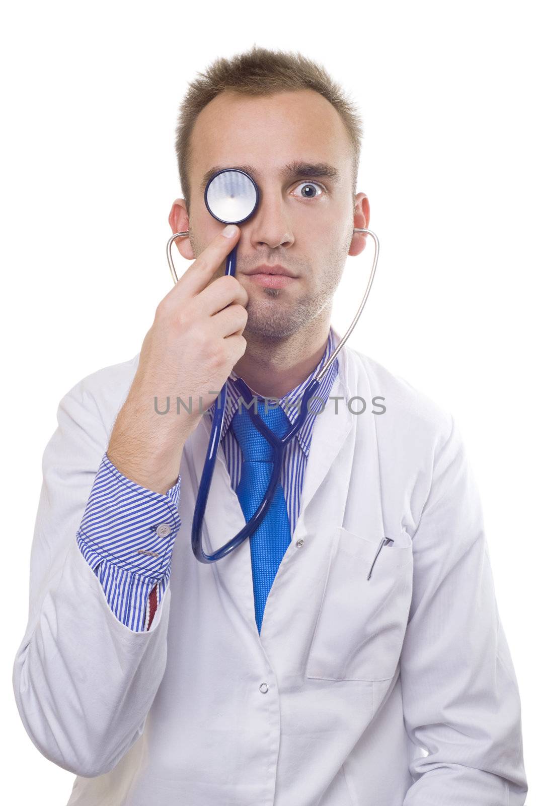 funny doctor with stethoscope, on white background