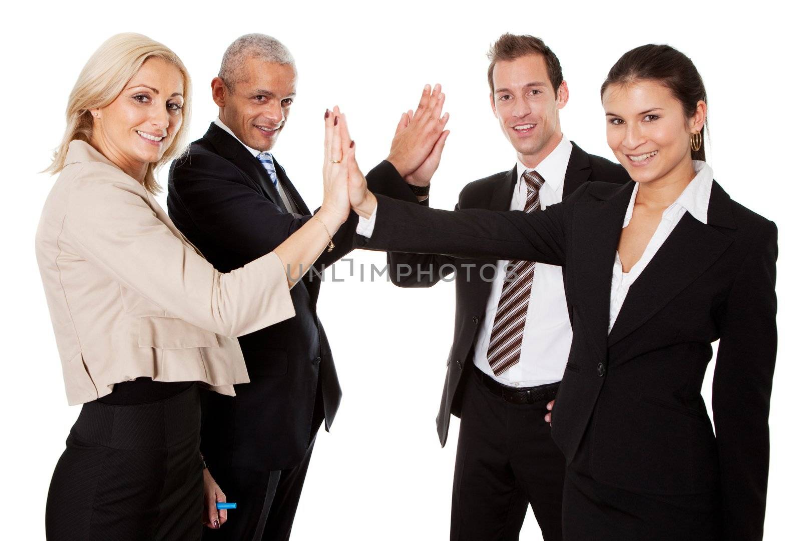 Businesspeople exchange a high-five.  Isolated on white