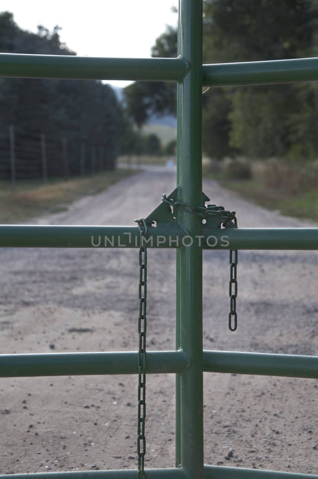 A road stretches out past a locked metal gate.