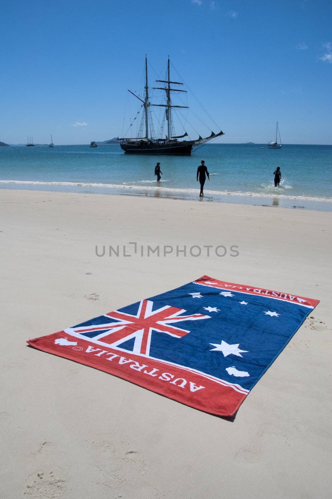 Australia Flag and a stunning view of Whitehaven Beach in the Whitsunday Islands