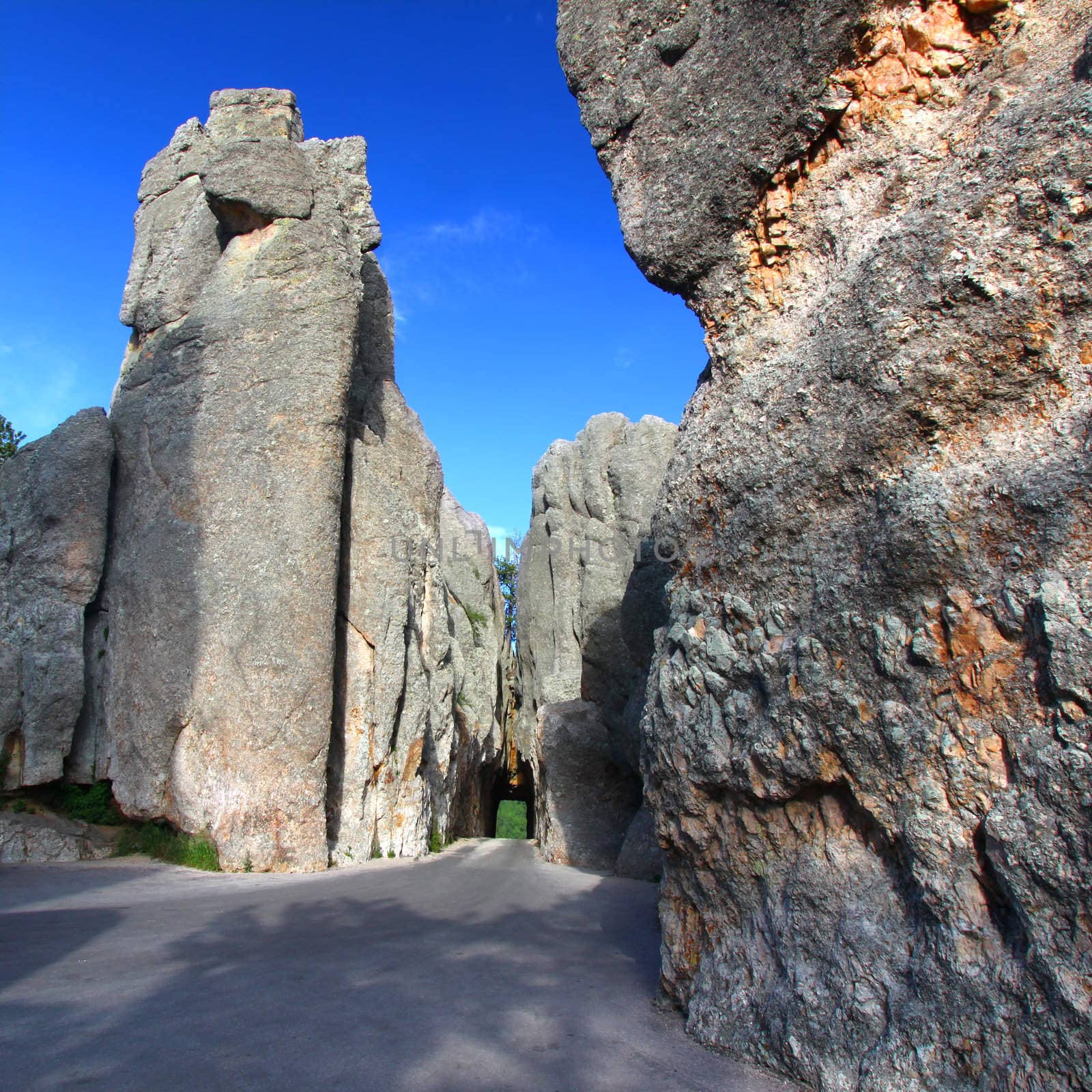 Narrow one lane tunnel through solid rock along the scenic Needles Highway of South Dakota.
