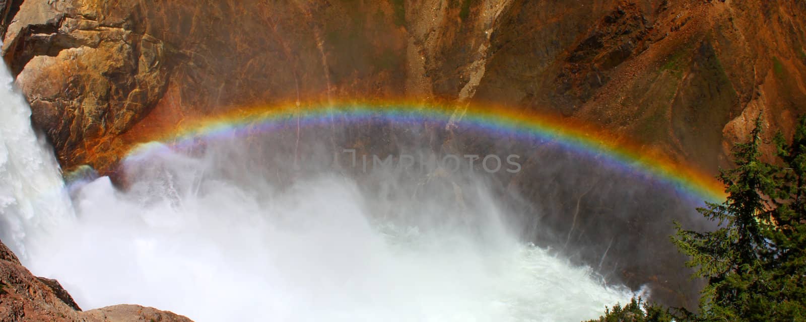 Sunlight creates a rainbow in mists of the Lower Falls of the Yellowstone River in Wyoming.