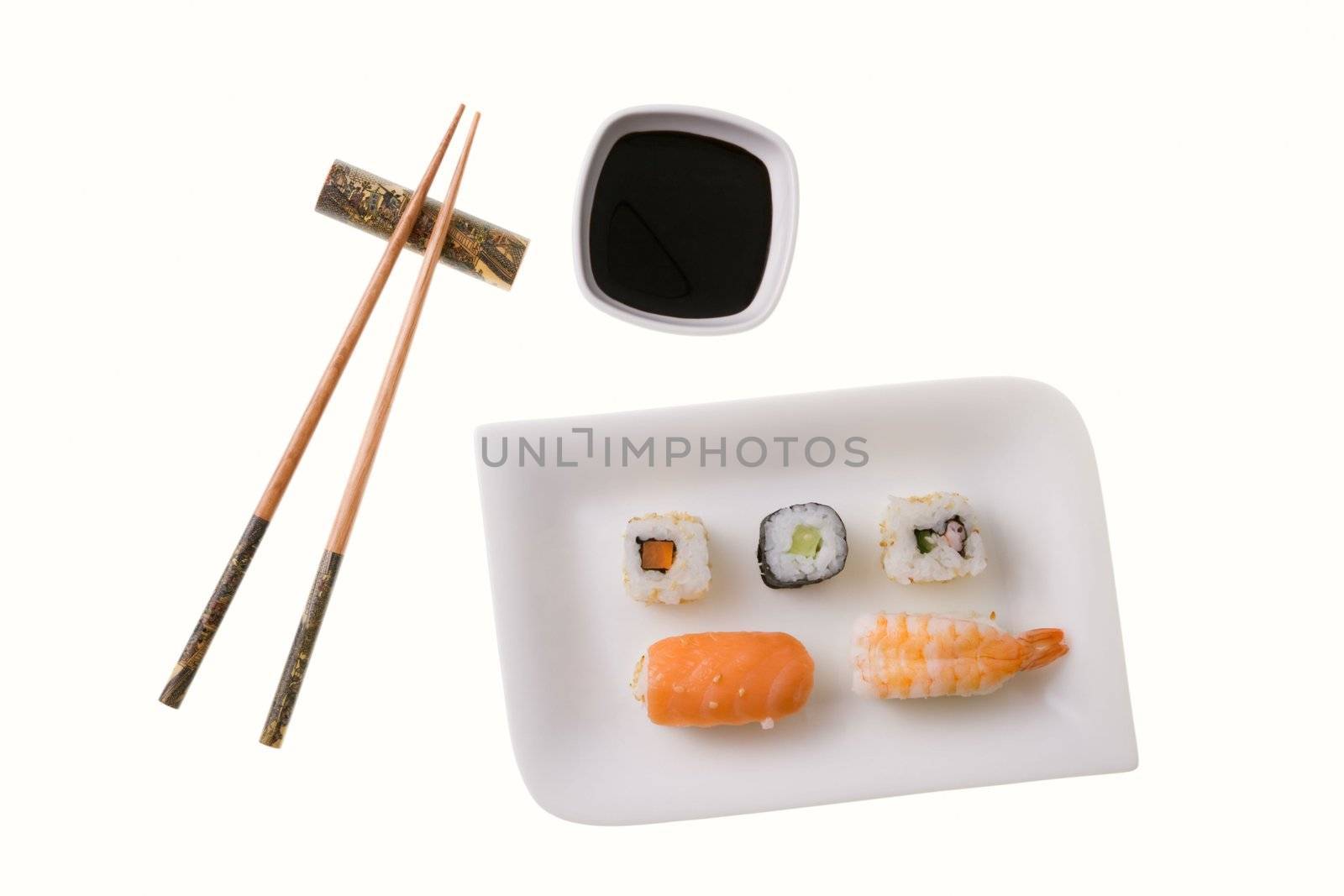 Five sushi rolls and chopsticks by AndreyPopov