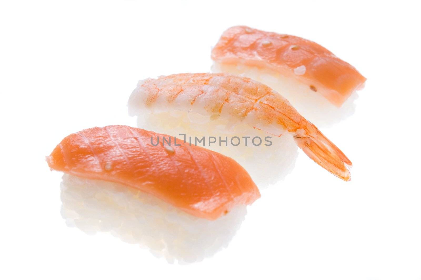 Nigiri Sushi salmon and king prawn by AndreyPopov