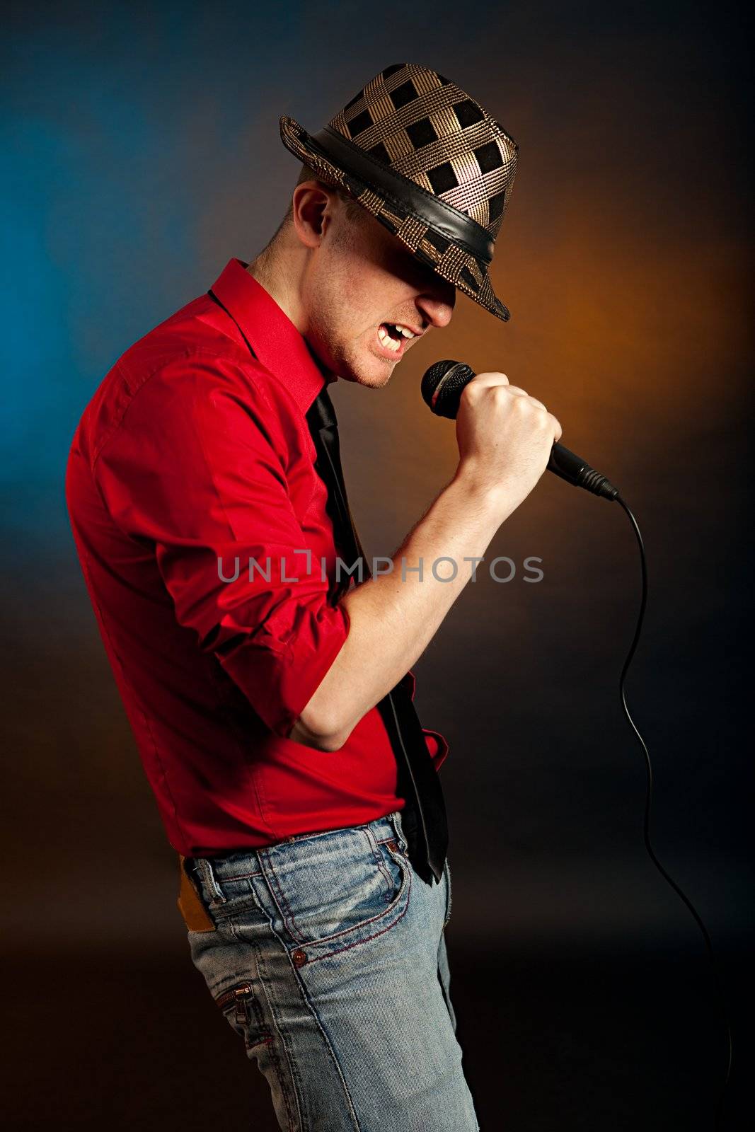 Energetic young men signing. Shot in studio