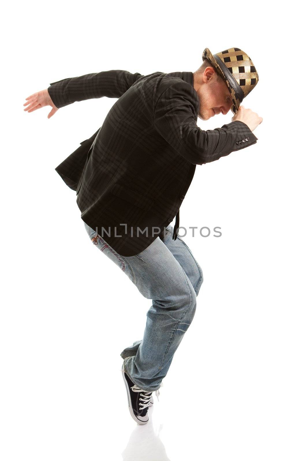 Young men dancing. Isolated on white background